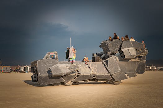 A unique, futuristic vehicle with people outdoors at an artistic event in Nevada.