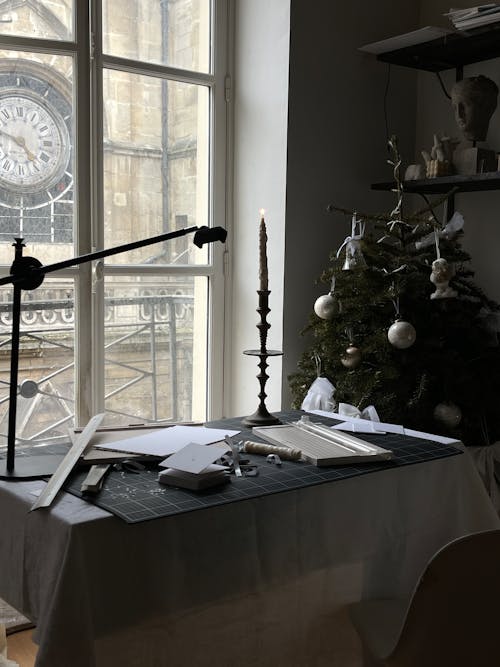 Desk by Window and Christmas Tree 