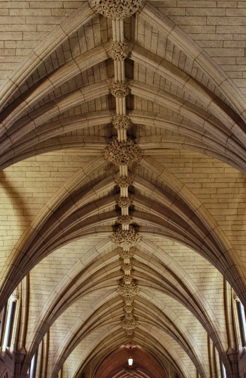 Free Intricate Gothic ceiling in Ottawa's Parliament building, showcasing detailed stonework and archways. Stock Photo