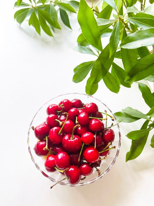 Free Vibrant bowl of red cherries on a white background surrounded by lush green leaves. Stock Photo