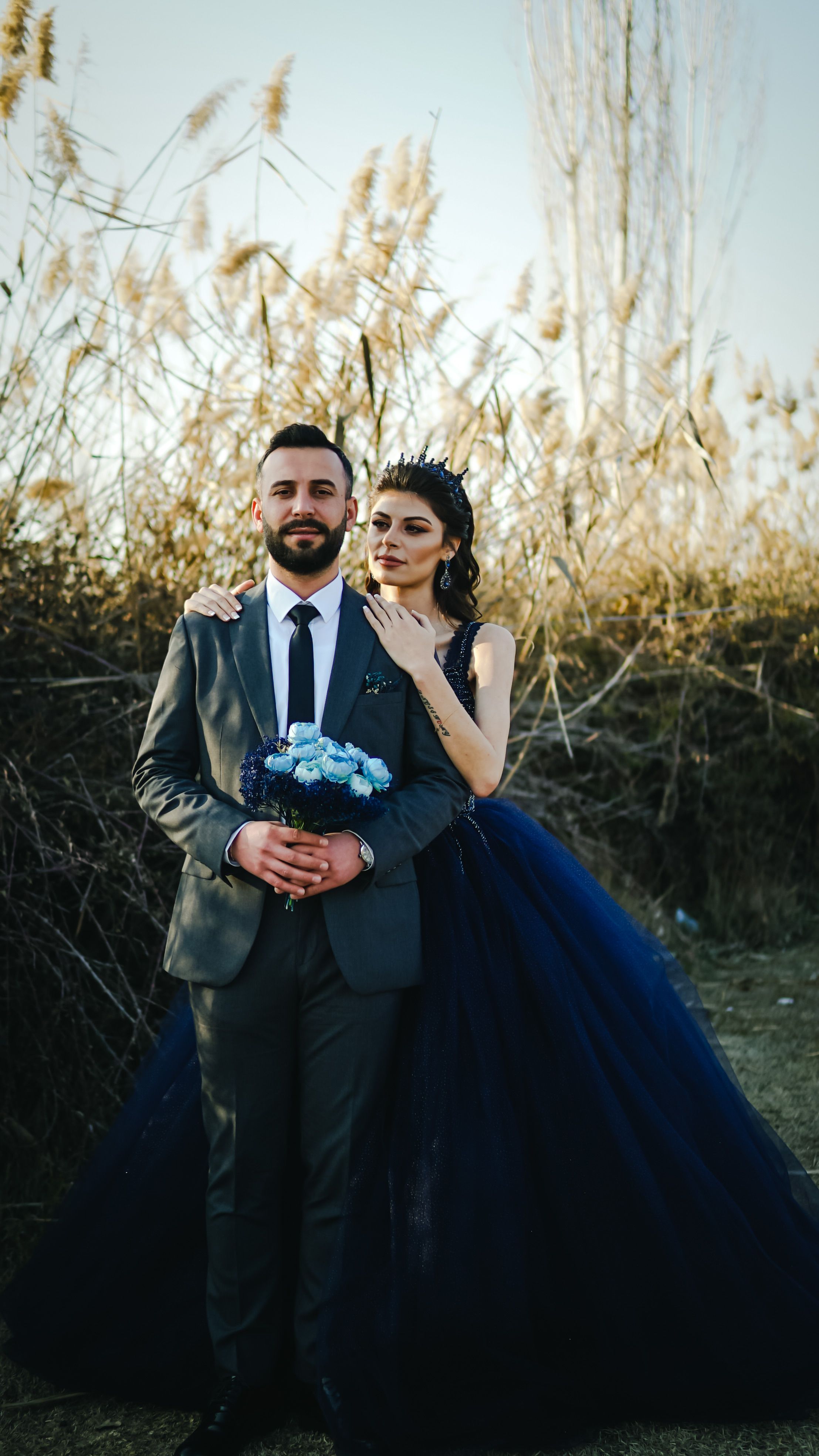 blue dress for baby girl Navy Illusion Lace Satin Long Sleeve Wedding Ball Gown Navy main image 1
