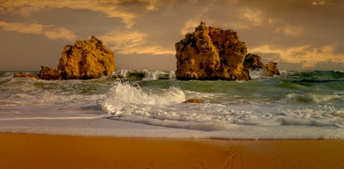 Foto profissional grátis de beira-mar, borrifando, cair da noite