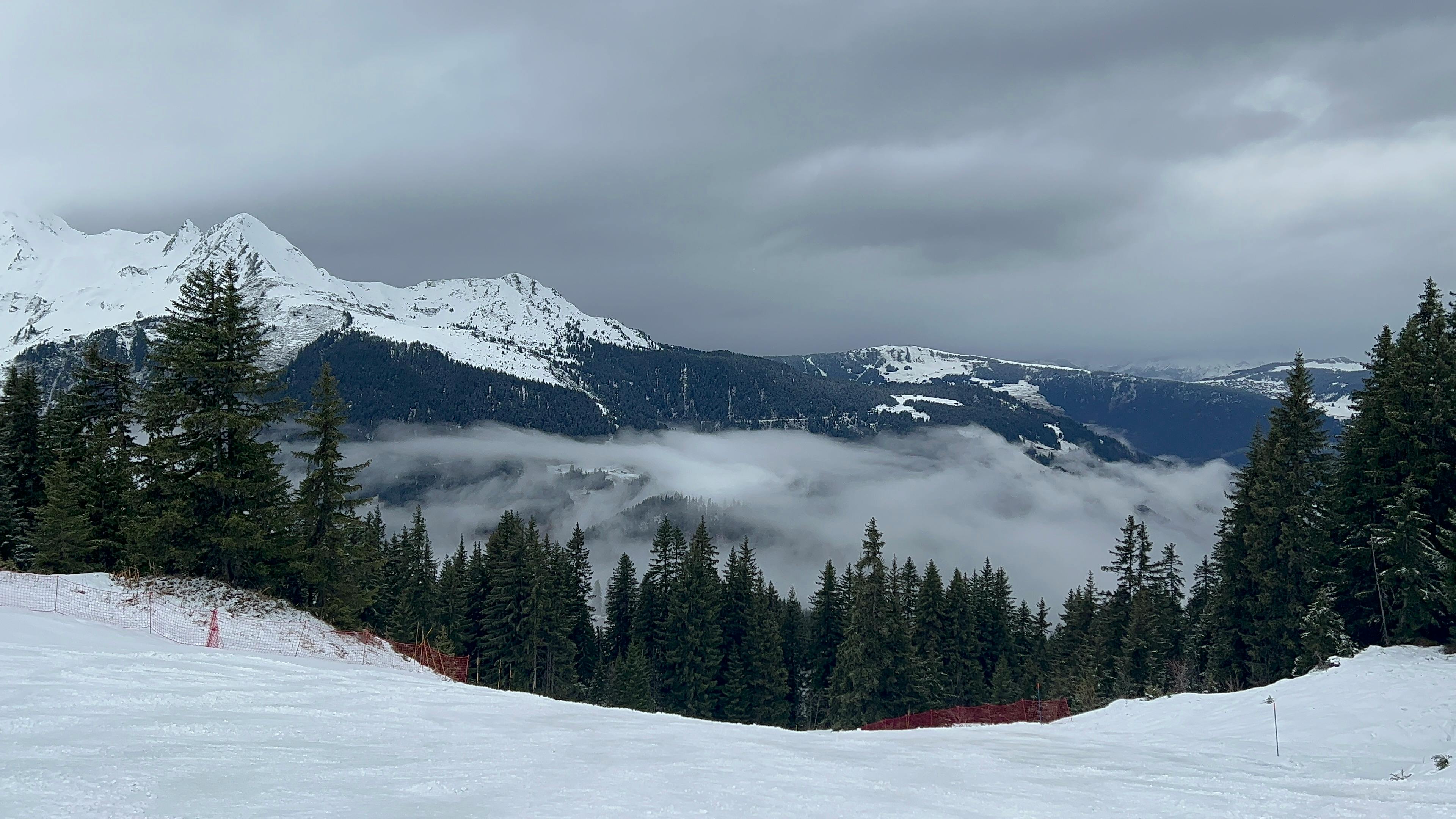 Prescription Goggle Inserts - A breathtaking view of snowcapped mountains and forest under an overcast sky.