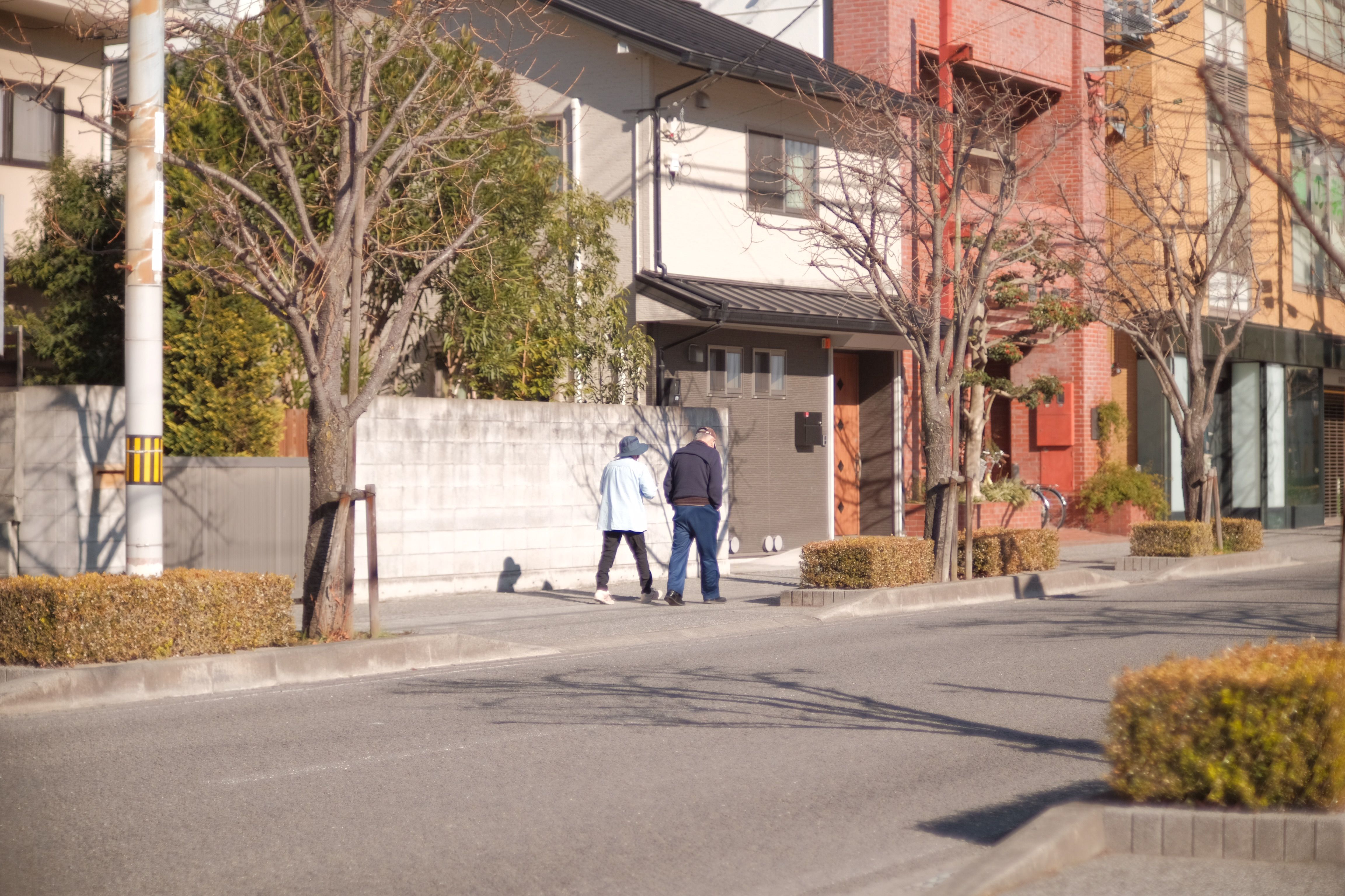 An elderly couple enjoys a leisurely stroll in a peaceful residential street during a sunny day.