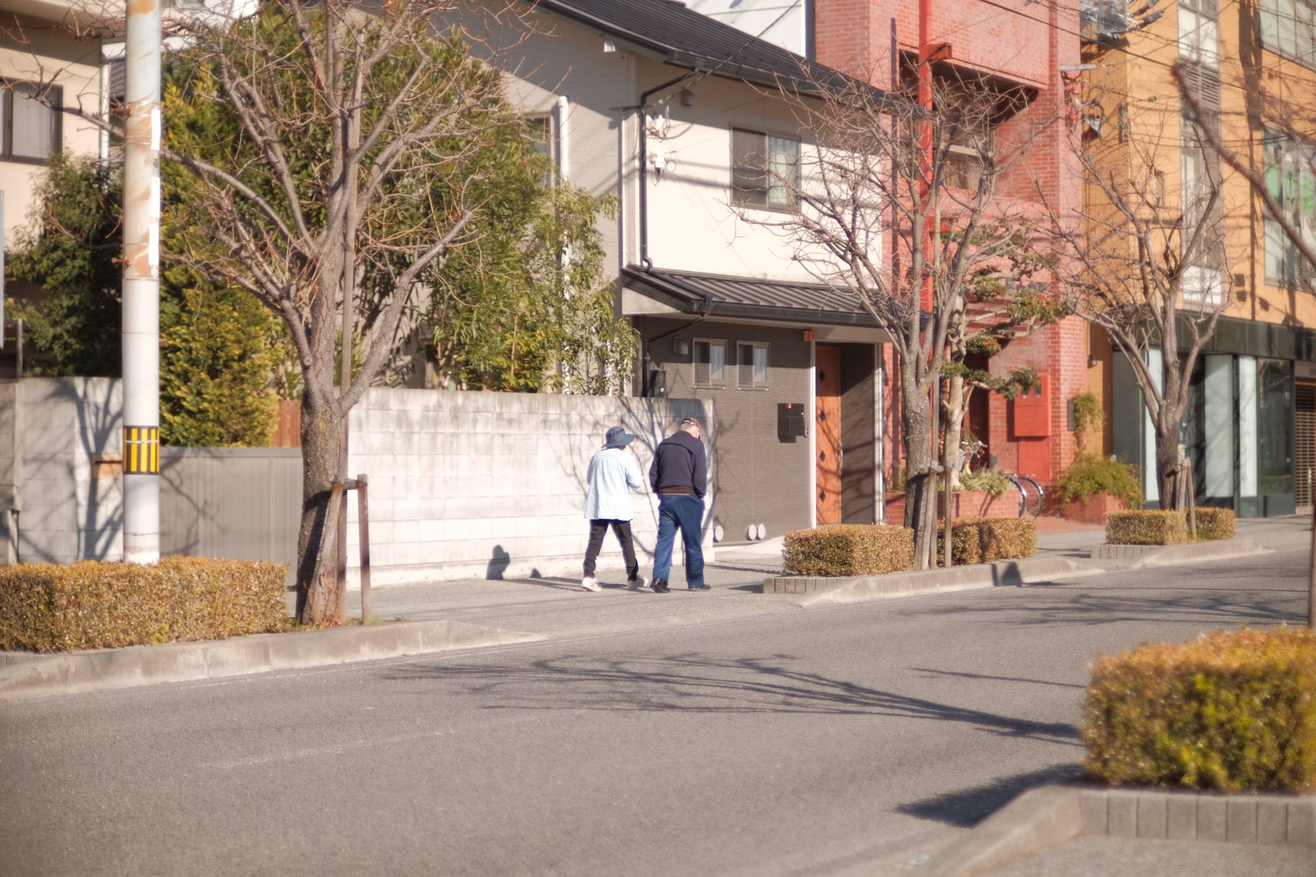 An elderly couple enjoys a leisurely stroll in a peaceful residential street during a sunny day.