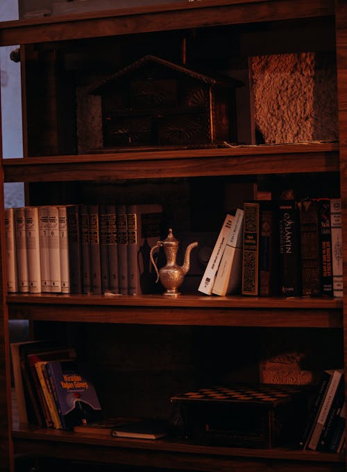 A Wooden Cabinet with Books and Antique Pottery 