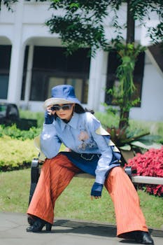 Stylish woman in vibrant outfit posing at a garden in Bandung, Indonesia.
