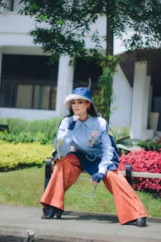 Stylish woman in colorful outfit enjoys a sunny day in Bandung park.
