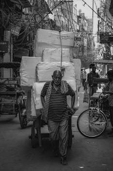 A man pulling a cart on a bustling street in New Delhi, India.
