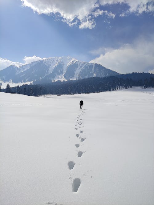 Footprints of Person Hiking in Mountains in Winter
