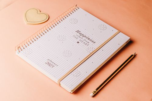 Free Stylish planner and pencil set on a peach textured backdrop. Stock Photo