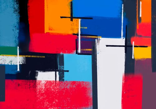 Colorful abstract painting with geometric shapes and bold vibrant colors, ideal for modern art enthusiasts.