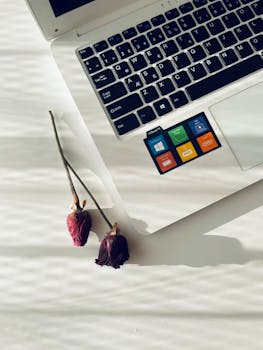 A laptop with colorful stickers on a white surface beside dried red roses.