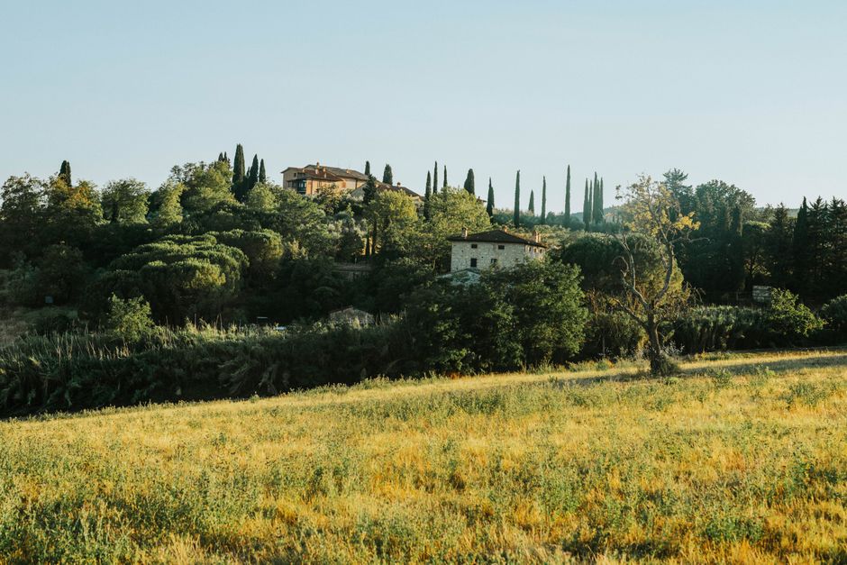 Sunlit Italian landscape featuring lush greenery and rustic villas among rolling hills.