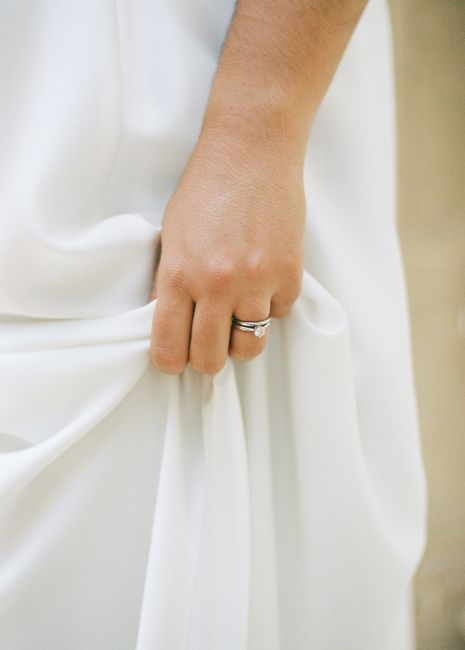 Graceful close-up of a bride's hand showcasing an elegant wedding ring, a symbol of love.