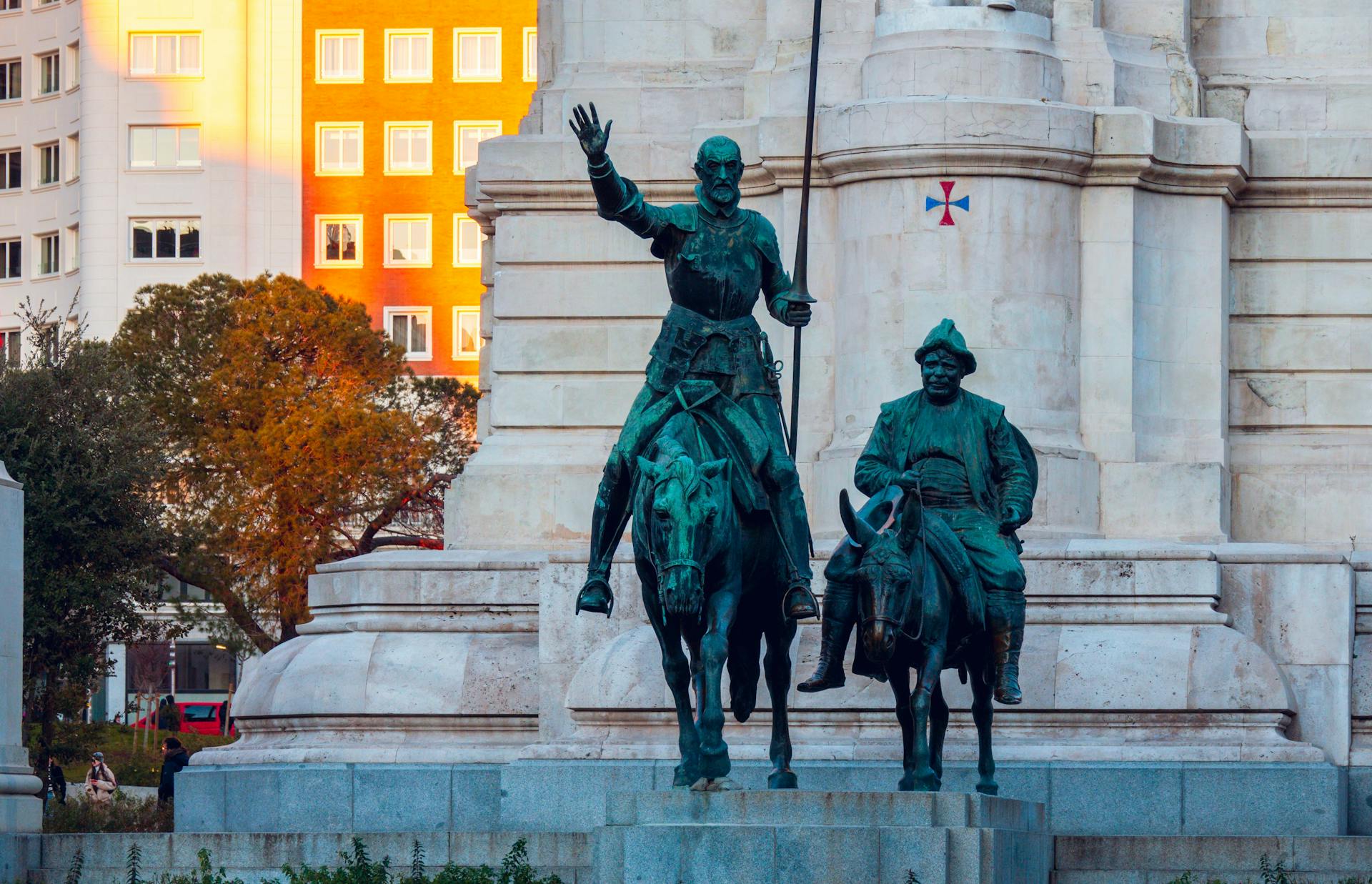 Monument of Don Quixote and Sancho Panza in Madrid, Spain with detailed sculptures.