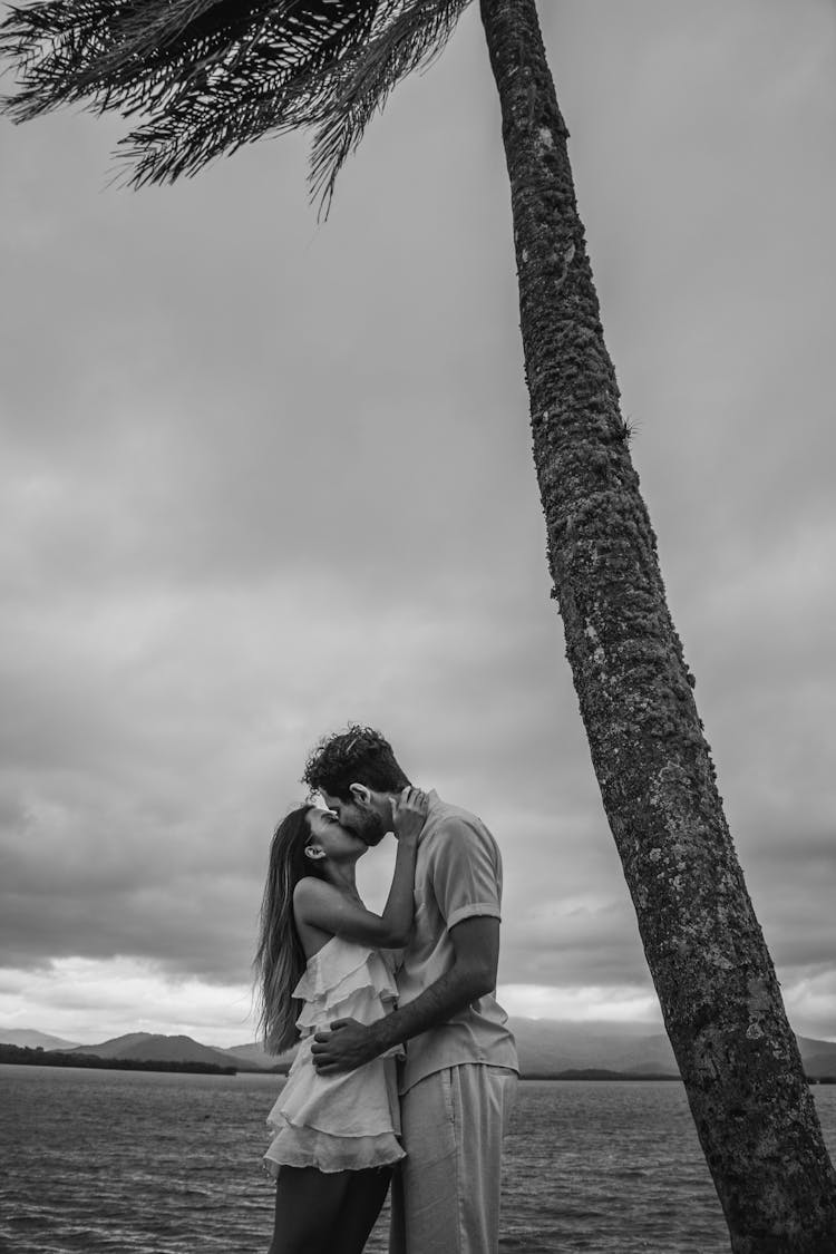 Young Man And Woman Kissing On The Beach By A Palm Tree In Black And White