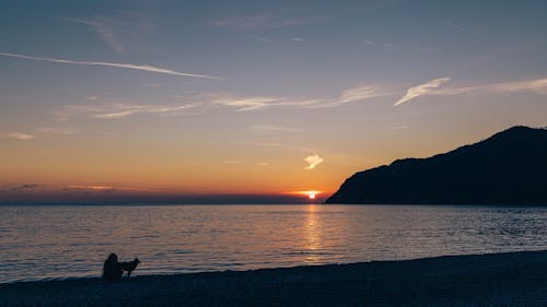 Person with Dog on Beach at Sunrise