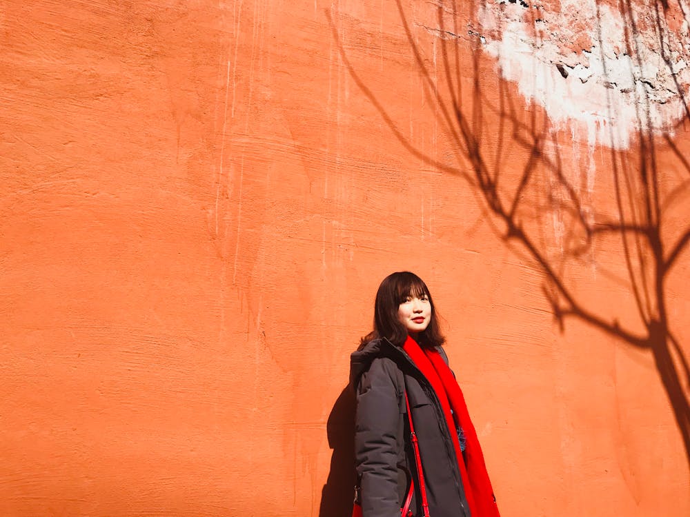 Woman Standing Behind Wall With Shadow of Tree