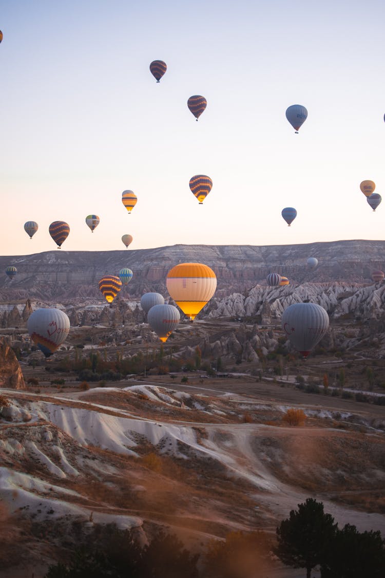 Hot Air Balloons Flying In Sky In Desert Landscape