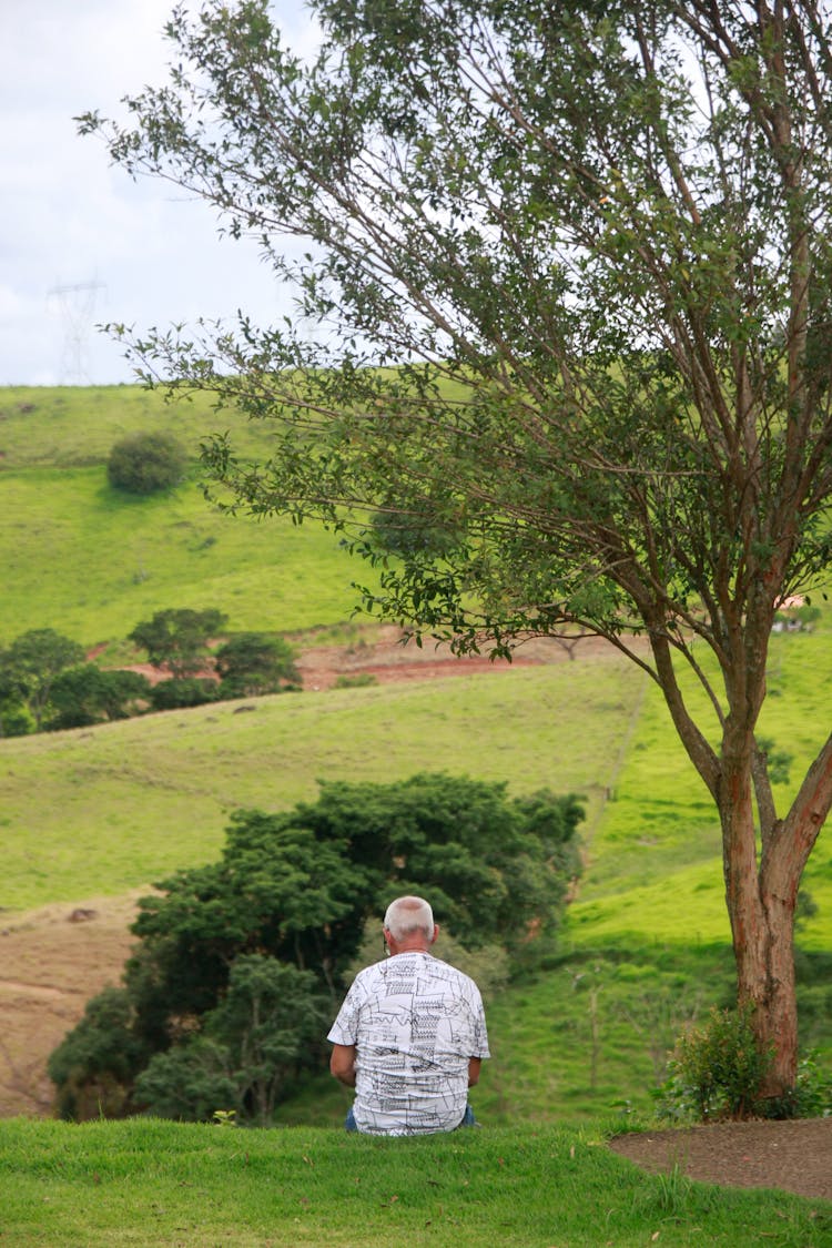 Back View Of An Elderly Man Sitting On A Grass Field