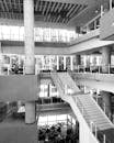 Black and white photo of a large building with stairs