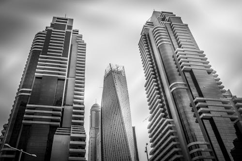 Grayscale Photo of High-rise Buildings