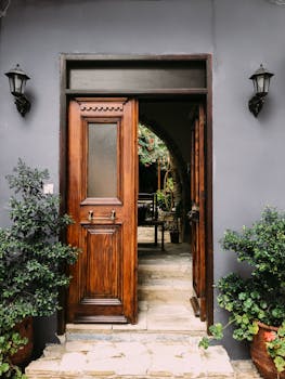 Explore a rustic wooden doorway leading to a lush courtyard in Yukarı Lefkara, Cyprus.