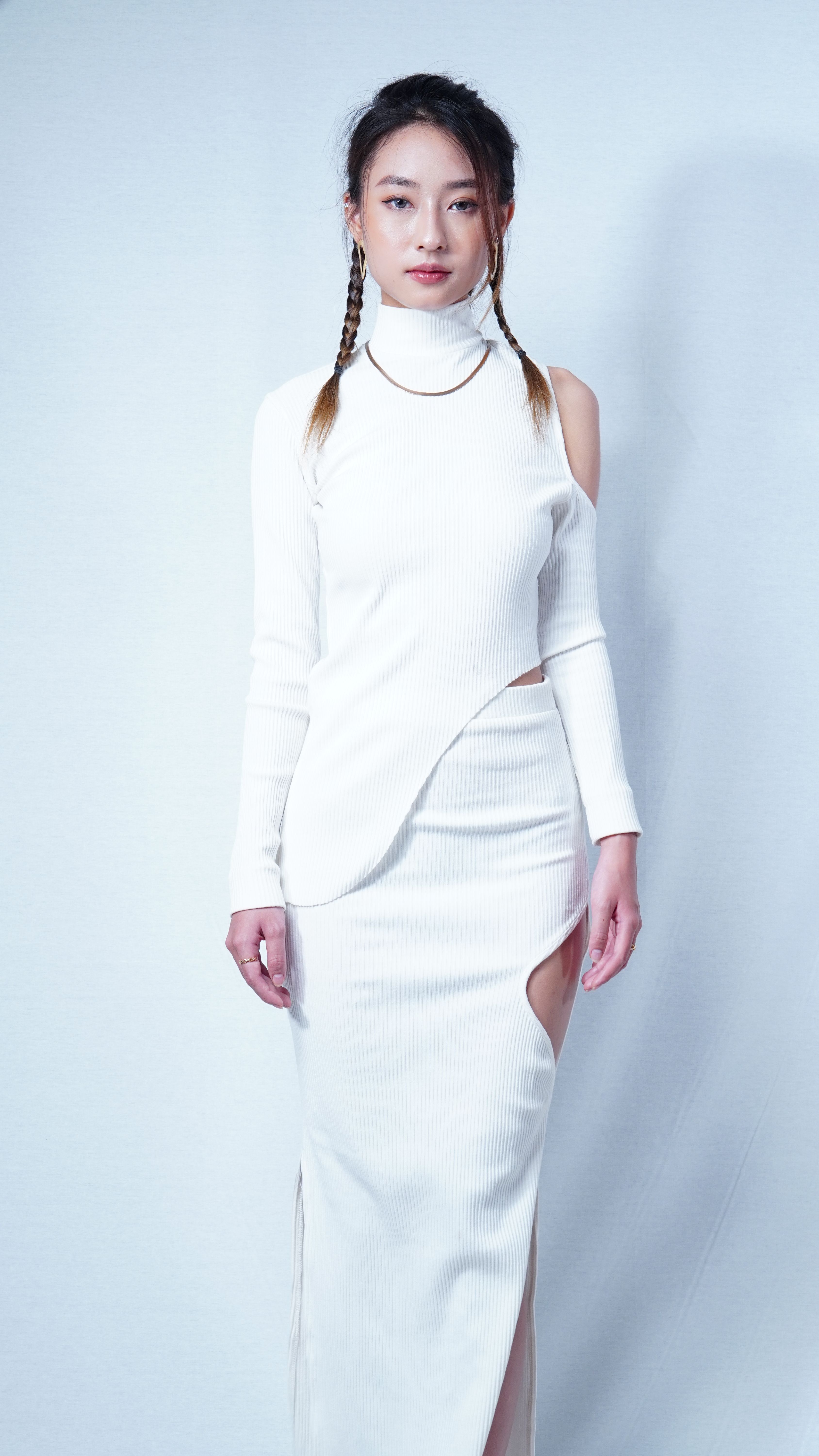 Woman wearing matching knit two piece set