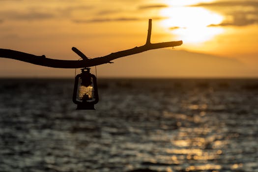 A silhouette of a lantern hanging from a branch with a sunset view over the ocean, creating a serene and warm atmosphere.