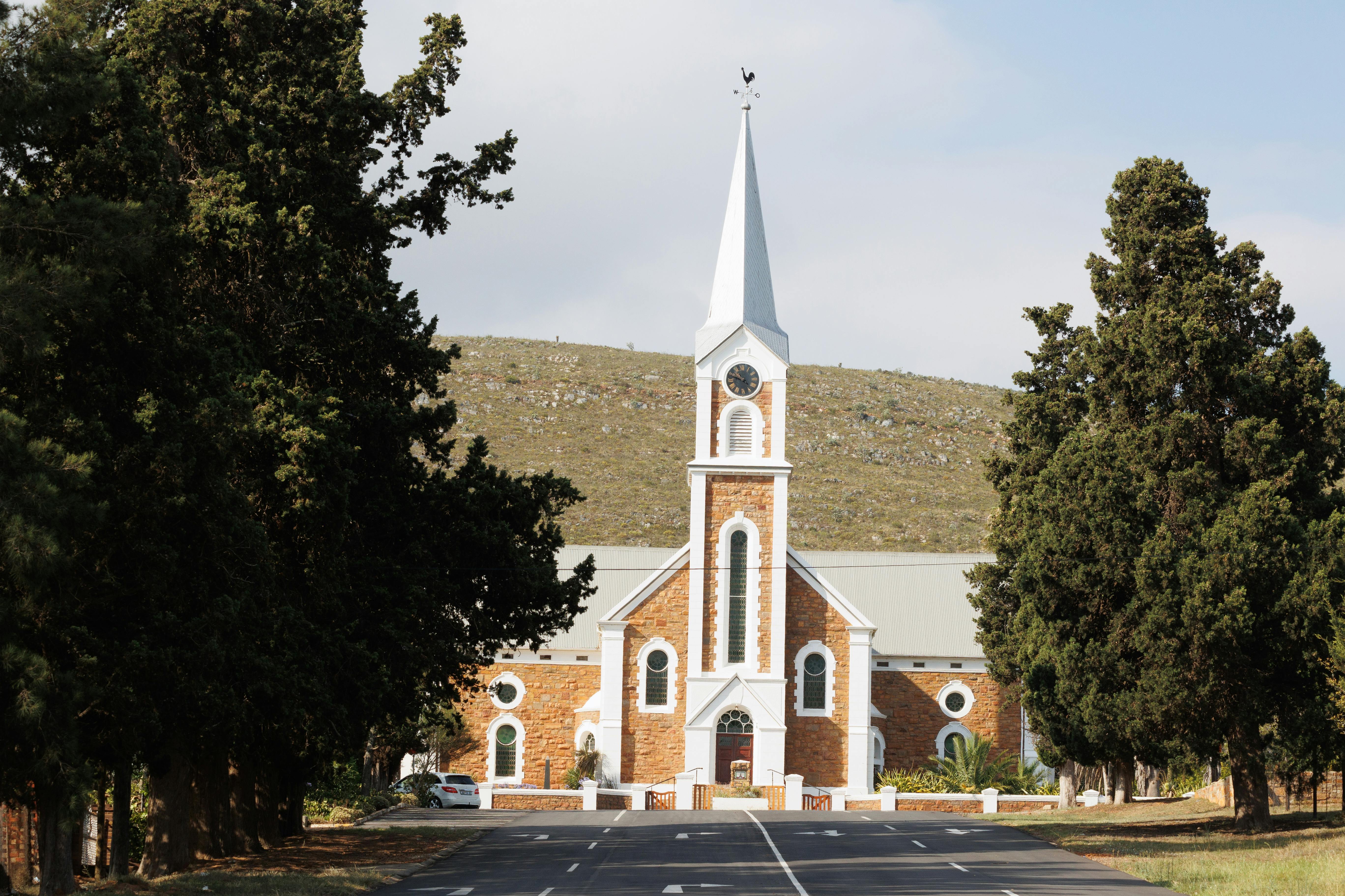 church building with a clock tower