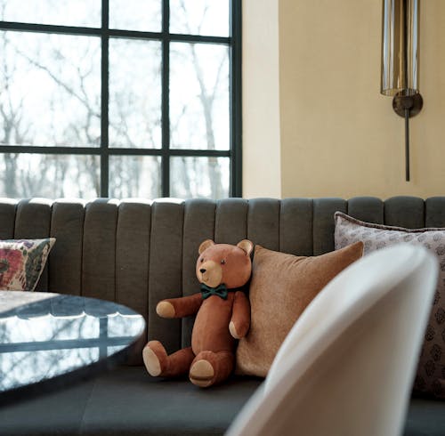 Brown Teddy Bear with Green Bow Tie Sitting on the Sofa