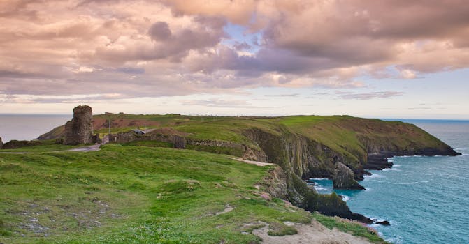 Stunning view of the cliffs and ruins near the ocean in Kinsale, Ireland during sunset.