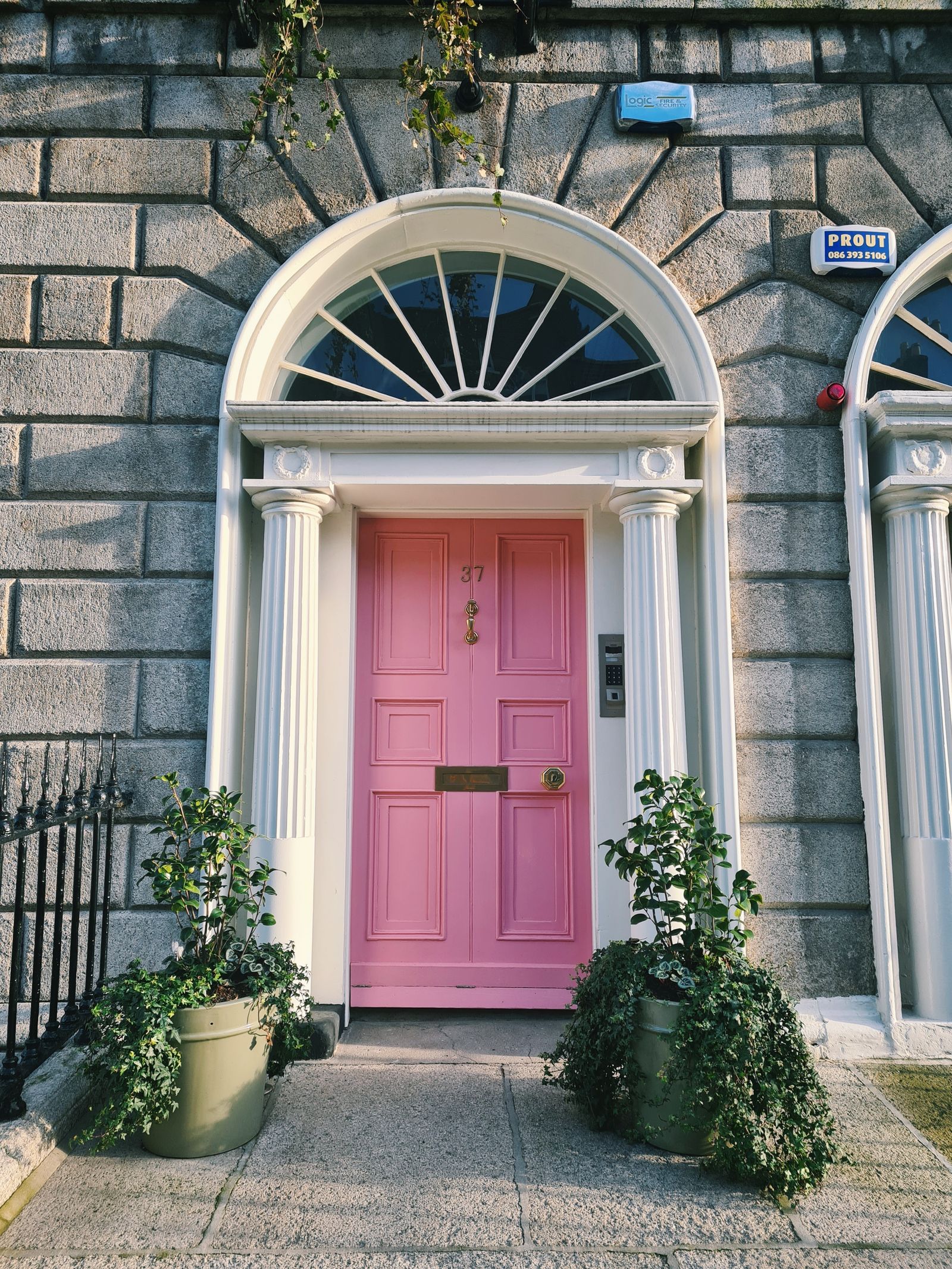A pink Georgian doorway with a fanlight in Dublin