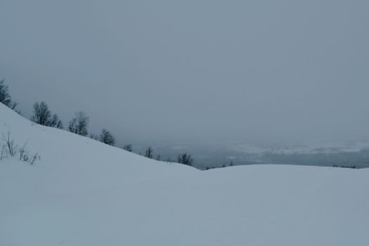 Serene snow-covered landscape with fog enveloping the mountains, showcasing a tranquil winter scene.