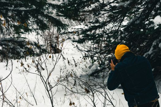 Photographer capturing a snowy forest scene in Waterton Park, AB, Canada.