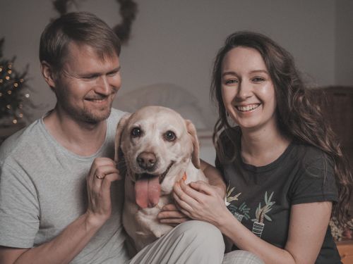 Free Happy couple playing with their Labrador dog at home, showcasing love and companionship. Stock Photo