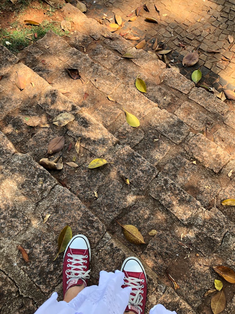 Person Wearing Red Sneakers Standing On Concrete Stairs