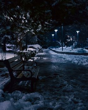 A serene park scene with snow-covered bench under winter night sky.