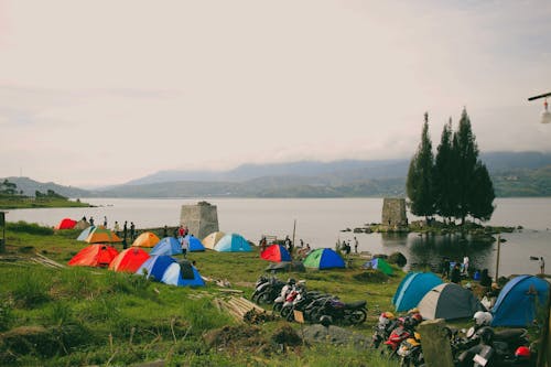 Tents on Camping on Riverbank near Island