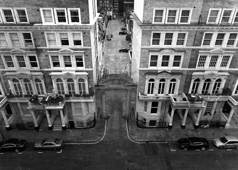 经典城市街道两侧宏伟建筑的空中黑白图像