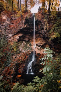 一道风景秀丽的瀑布从岩石悬崖上滑落，四周环绕着充满活力的秋叶
