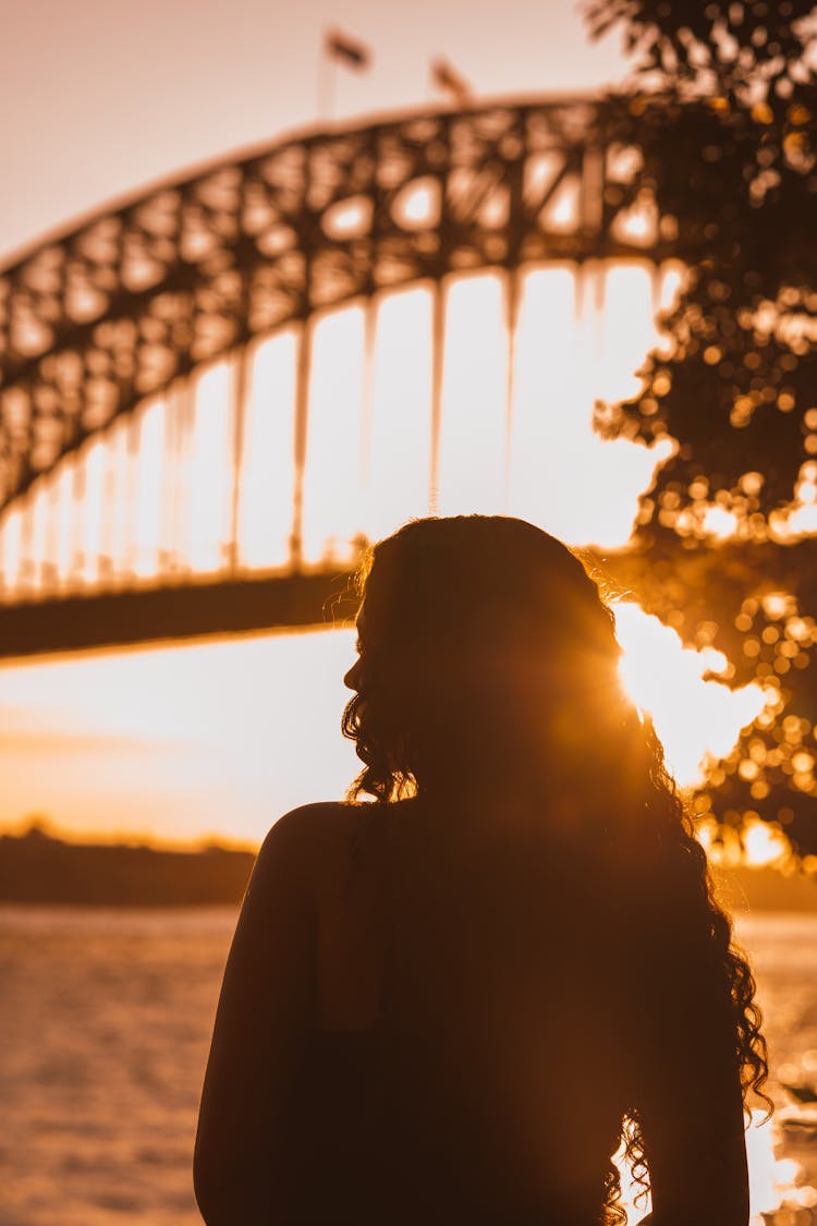 Woman And Bridge Silhouette At Sunset