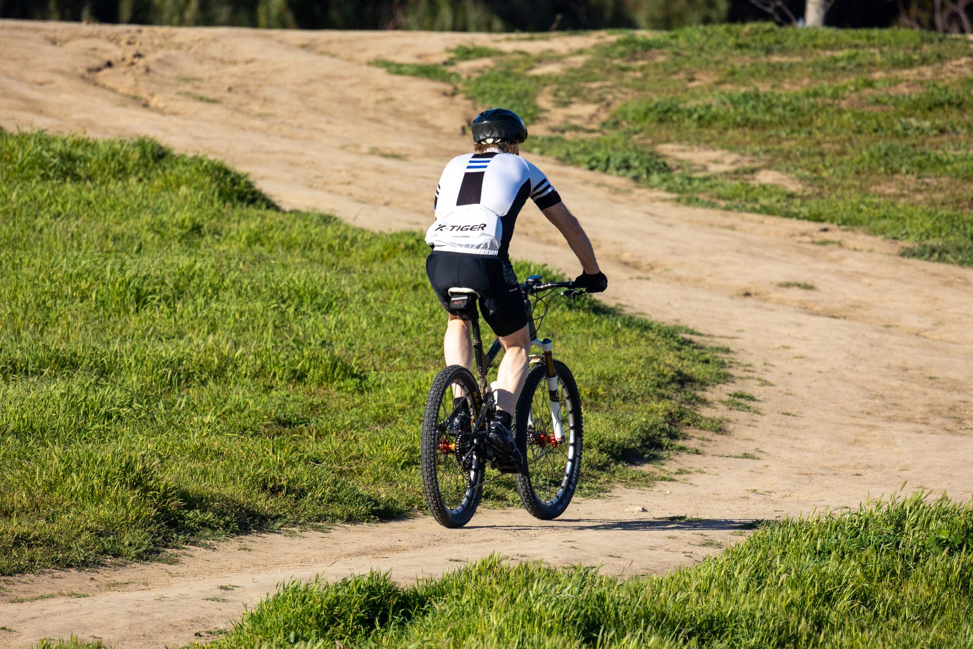 A cyclist wearing a helmet rides a mountain bike on a sunlit dirt trail, surrounded by grass.