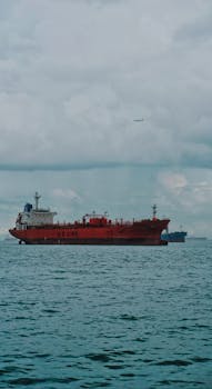 A red cargo ship travels across the ocean with a distant plane flying overhead, showcasing maritime transport.
