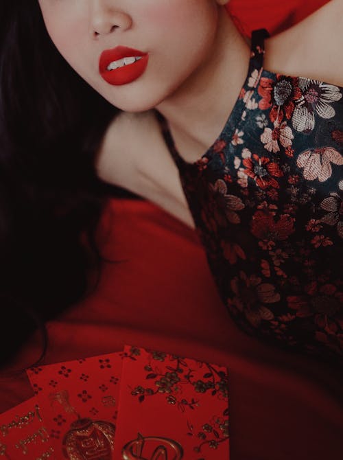 Woman in Dress with Red Lips