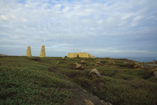 宁静的海岸线上视野开阔，绿意葱茏，天空云淡风轻