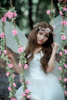 一位迷人的女子身着童话服饰，头戴花冠，在户外的花卉秋千上摆出姿势