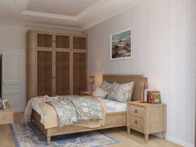 Spacious bedroom with rustic decor featuring a double bed and wooden furniture