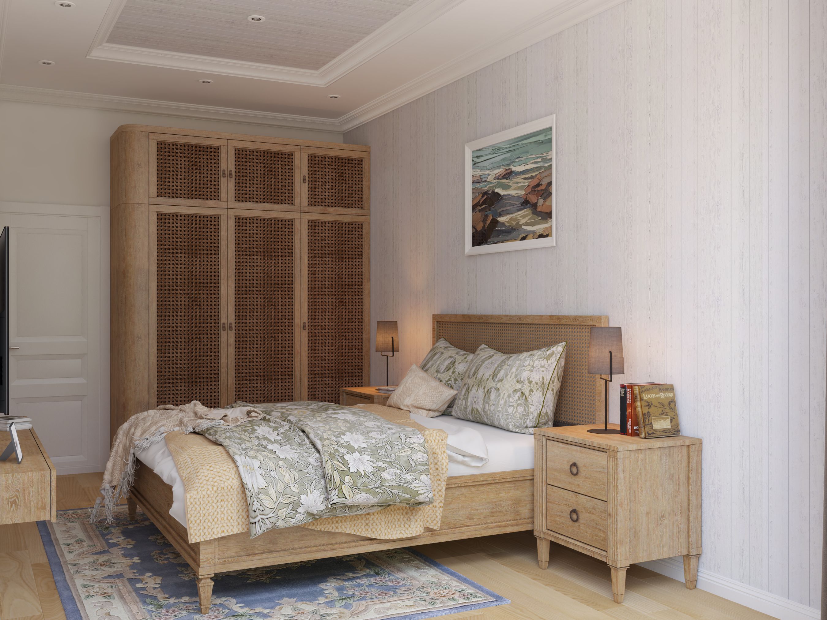 Quarto com cama de casal e guarda-roupa de madeira na parede ao fundo